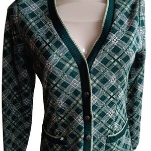 Medium Vtg Cardigan Sweater 1970's Womens Mod Acrylic Top Plaid Geometric Green